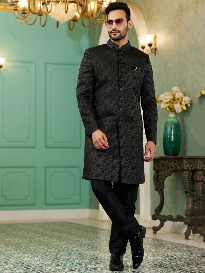 Black Indowestern Sherwani In Jacquard 