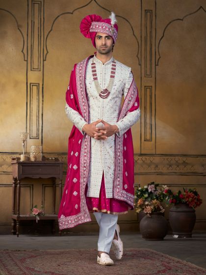 White Stone Embroidered Silk Sherwani For Men