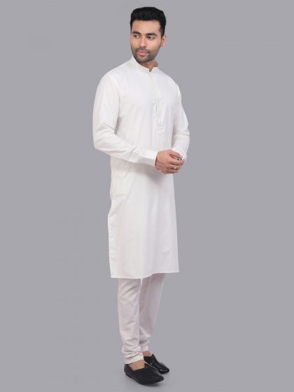 Bright White Plain Kurta Set In Art Silk With Banded Collar