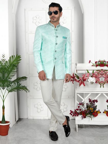 Light Blue Mens Woven Jacquard Bandhgala Suit