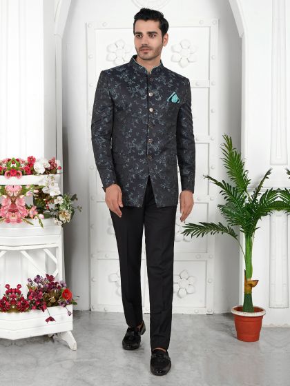 Black Weaving Embellished Bandhgala Suit In Jacquard