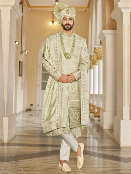 Olive Green Stone Embroidered Mens Sherwani