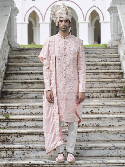 Baby Pink Stone Augmented Mens Sherwani With Stole
