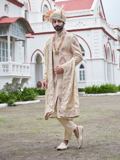 Ivory Cream Peacock Thread Embroidered Sherwani