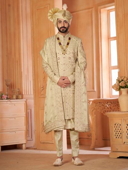 Golden Men's Wear Thread Embroidered Sherwani Set