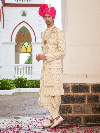 Warm White Embroidered Sherwani With Anarkali Kurta