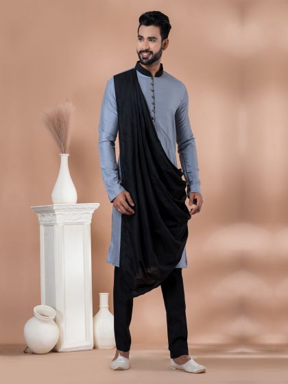 Grey Cowl Style Kurta Pyjama In Art Silk For Mens