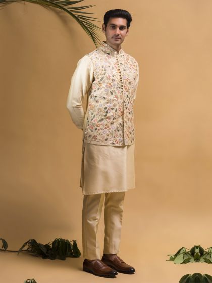 Indian Men Clothing - Pastel Cream Kurta Pyjama With Embroidered Jacket