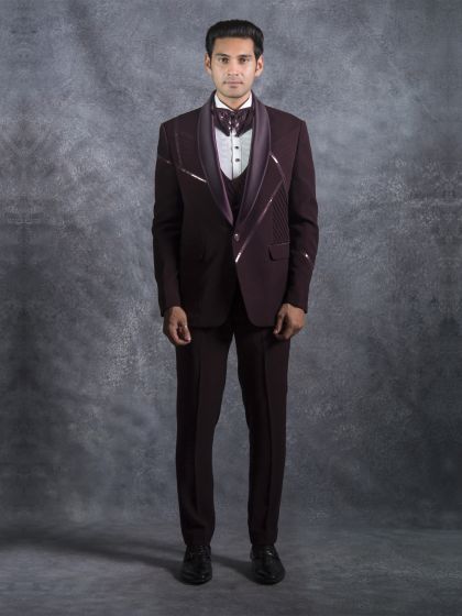 Wine Metallic Strip Embellished Mens Tuxedo Suit