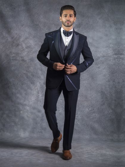 Blue Mens Tuxedo Suit In Italian Fabric With Cutdana Embroidery