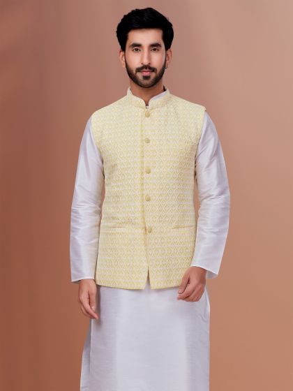 Cream Mens Nehru Jacket In Georgette Silk With Embroidery