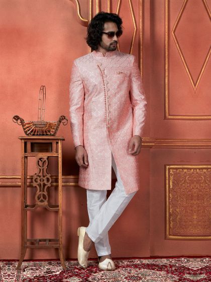 Pink Achkan Style Wedding Wear Mens Indowestern Sherwani