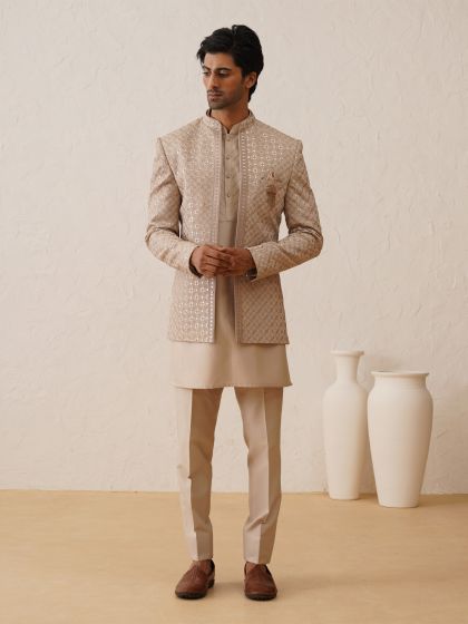 Ivory Cream Short Length Mens Indowestern Set With Open Jacket