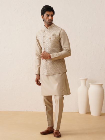 Dusty Cream Mens Festive Wear Embroidered Jacket With Kurta Pyjama
