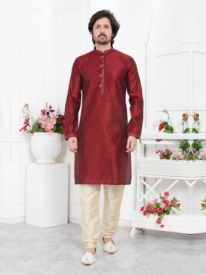 Cherry Red Mens Kurta Pyjama Set In Jacquard Silk