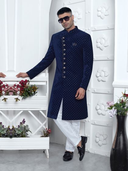 Navy Blue Velvet Achakn Style Indowestern Set For Mens