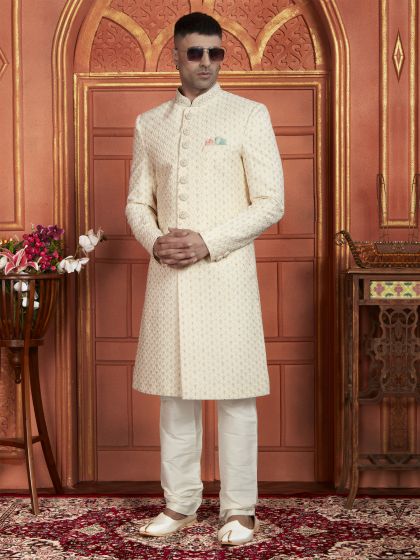 Cream Achkan Style Mens Embroidered Indowestern