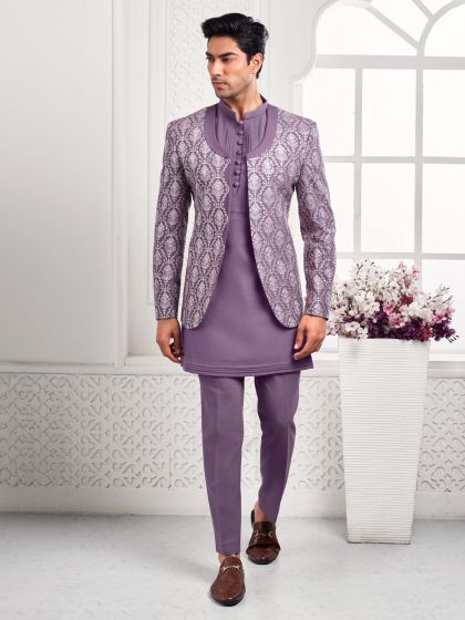 Lilac Silver Weaving Work Bandhgala Set For Mens