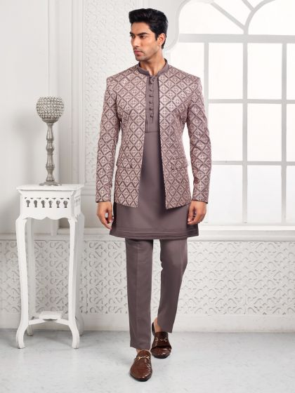 Mauve Pink Mens Kurta Pyjama With Jacket