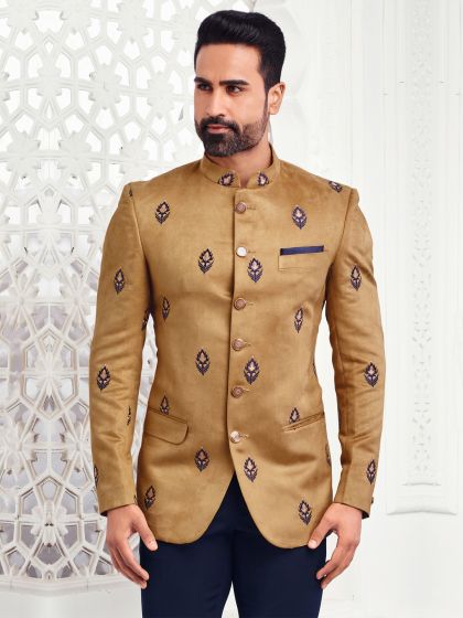 Coffee Brown Velvet Jodhpuri Suits For Men