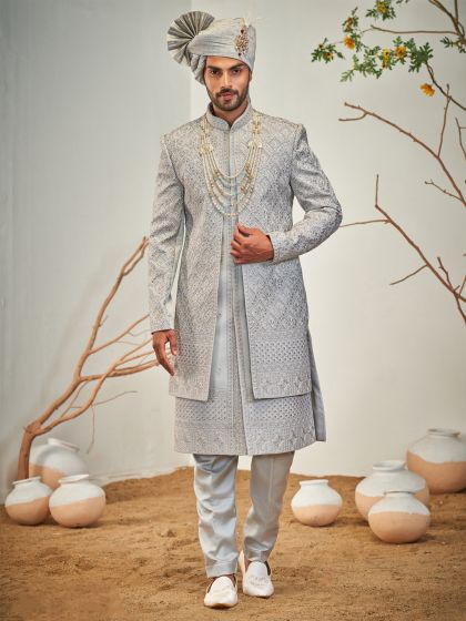 Grey Silk Wedding Sherwani In Thread Embroidery