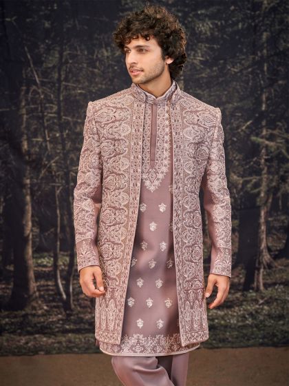 Onion Pink Wedding Indowestern With Open Jacket
