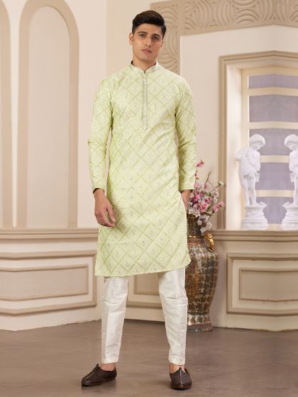 Green Sequins Embellished Men's Kurta Pyjama
