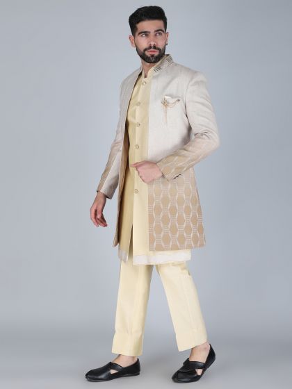 Ivory Cream Silk Indowestern With Ombre Shaded Jacket