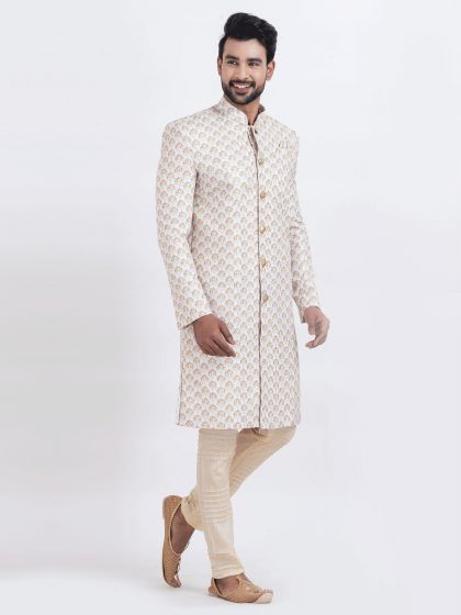 Off White Cotton Indo Western In Floral Work