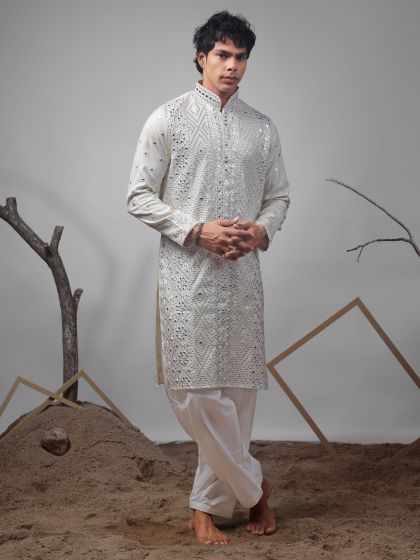 Off White Sequins Embellished Kurta Set
