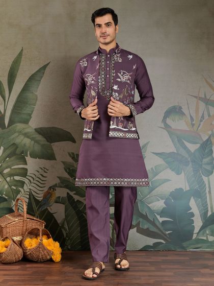 Purple Readymade Kurta Pyjama In Thread Embroidery