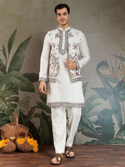 Off White Silk Kurta Pyjama With Embroidered Jacket