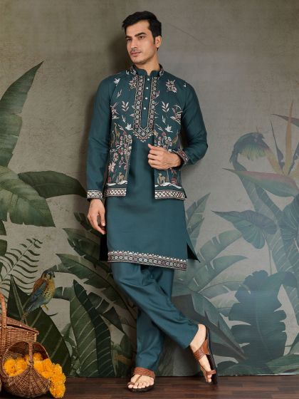 Teal Blue Silk Kurta Pyjama Set With Nehru Jacket
