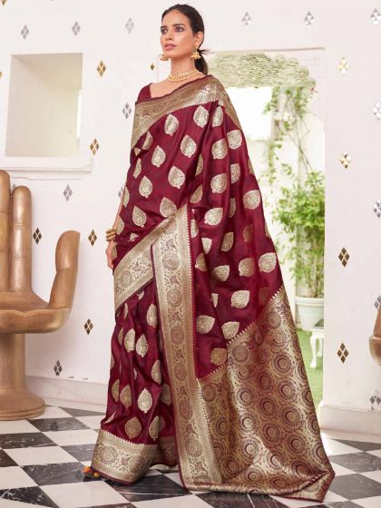 Maroon Party Wear Zari Woven Saree In Silk