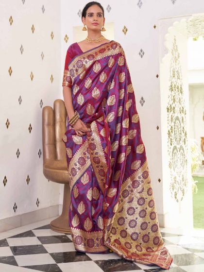 Magenta Zari Woven Festive Saree In Silk