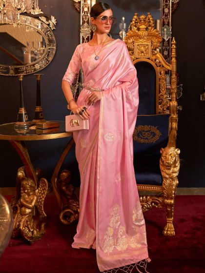 Pink Party Wear Woven Saree In Satin