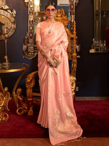 Peach Floral Woven Satin Saree
