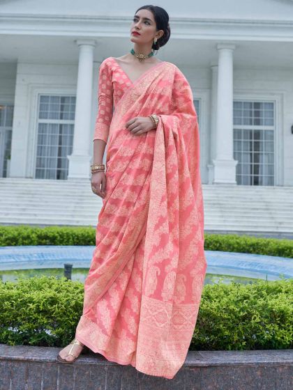 Peach Party Wear Woven Saree In Chikankari