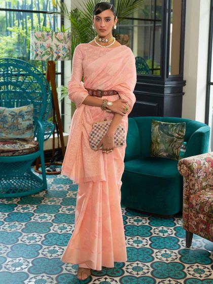 Peach Chikankari Party Wear Saree In Silk