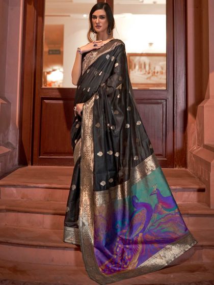 Black Woven Traditional Saree In Handloom Silk