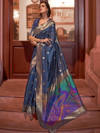 Blue Zari Woven Traditional Silk Saree