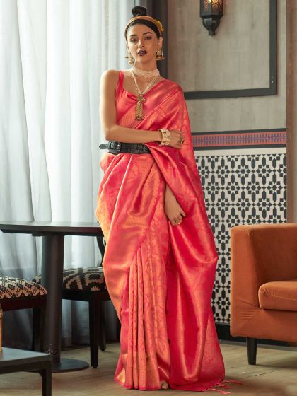 Peach Festive Woven Silk Saree