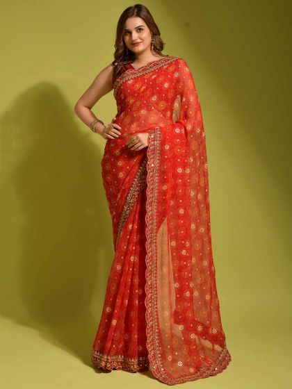 Orange Printed Saree With Heavy Border
