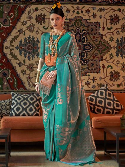 Turquoise Silk Saree With Zari Weaves