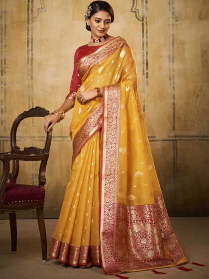 Yellow Party Wear Saree With Zari Weaves