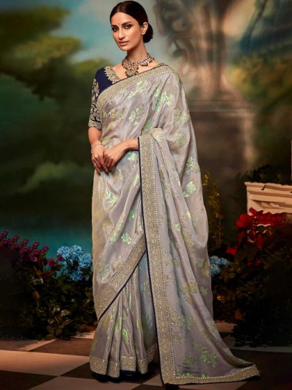 Silver Woven Saree With Embroidered Blouse