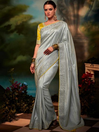 Silver Silk Saree With Embroidered Blouse