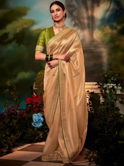 Beige Wedding Silk Saree With Embroidery