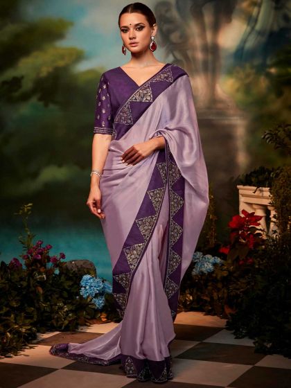 Purple Stone Embellished Saree In Silk