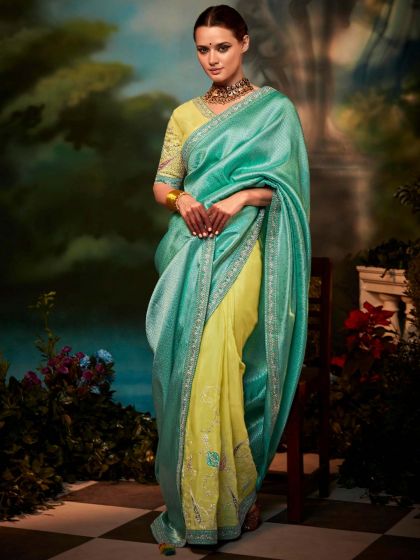 Turquoise And Yellow Half N Half Silk Saree